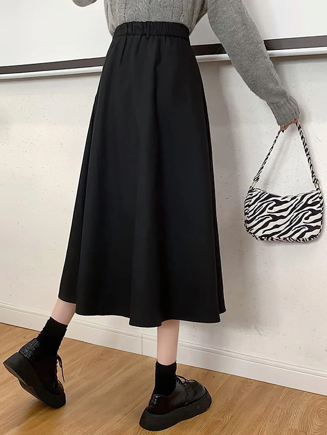loveimgs Women's Summer Pleated Elastic High Waist Midi Skirt Vintage Flowy Zipper Long A Line Skirt with Pockets