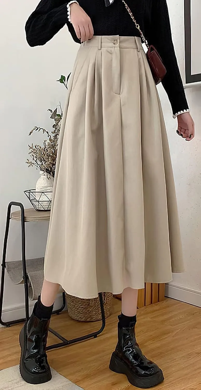 loveimgs Women's Summer Pleated Elastic High Waist Midi Skirt Vintage Flowy Zipper Long A Line Skirt with Pockets