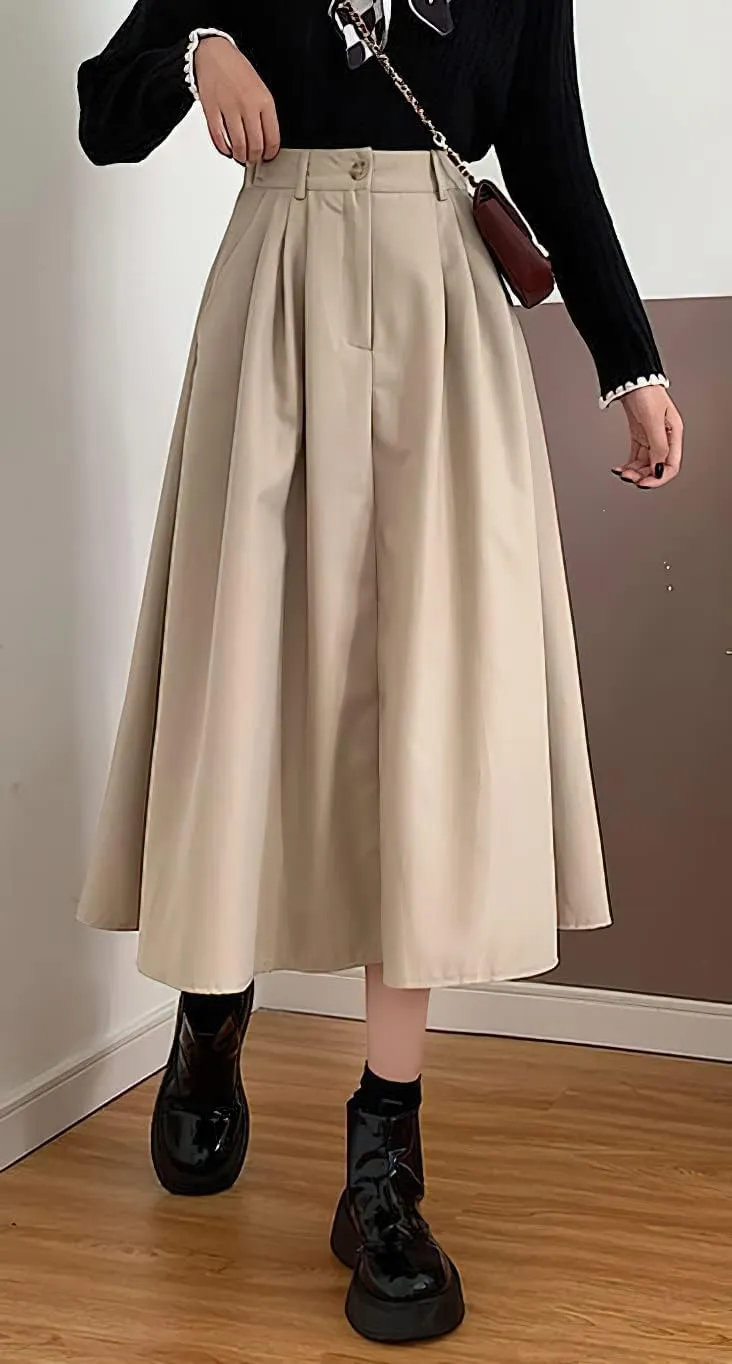 loveimgs Women's Summer Pleated Elastic High Waist Midi Skirt Vintage Flowy Zipper Long A Line Skirt with Pockets