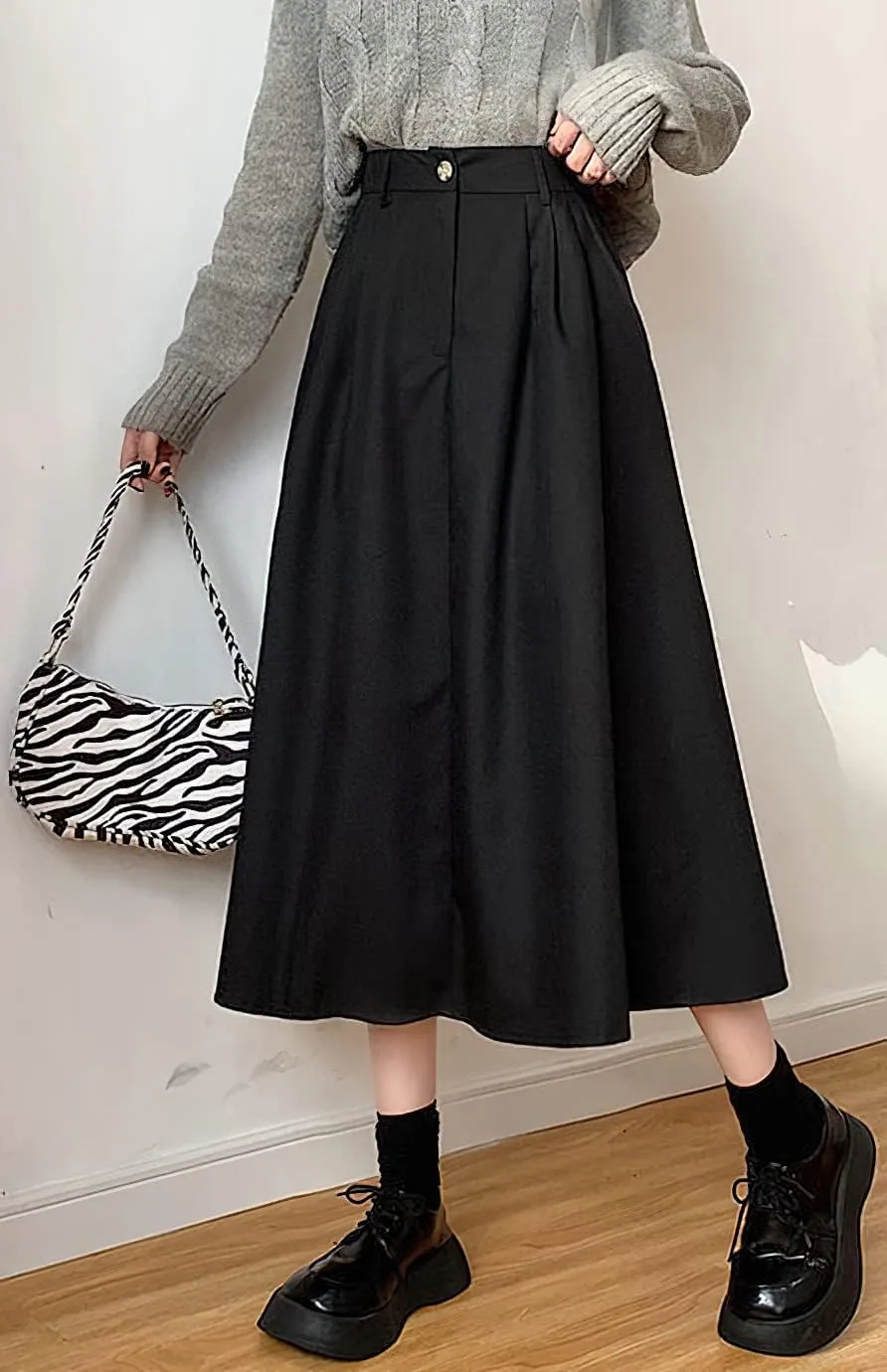 loveimgs Women's Summer Pleated Elastic High Waist Midi Skirt Vintage Flowy Zipper Long A Line Skirt with Pockets
