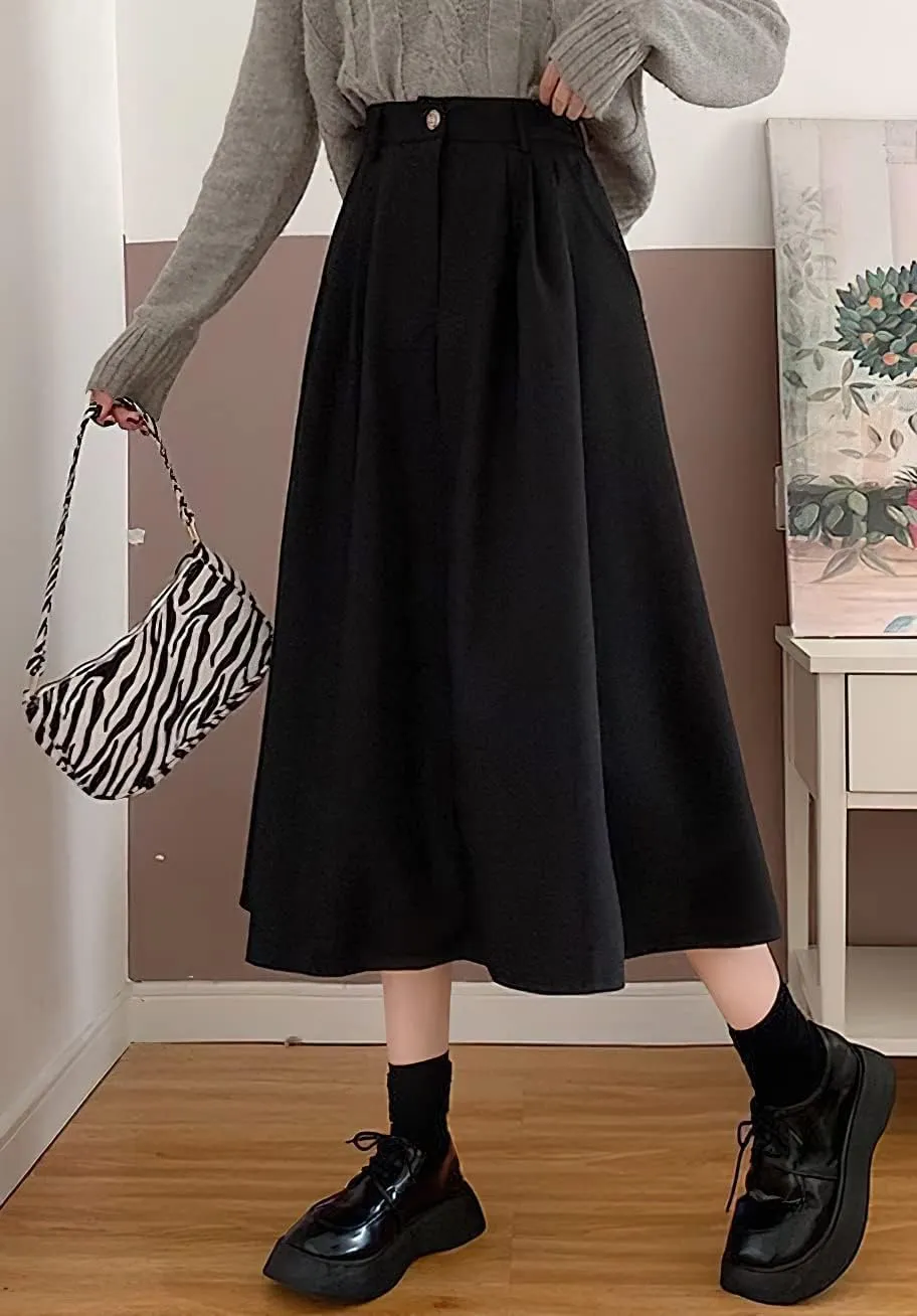 loveimgs Women's Summer Pleated Elastic High Waist Midi Skirt Vintage Flowy Zipper Long A Line Skirt with Pockets