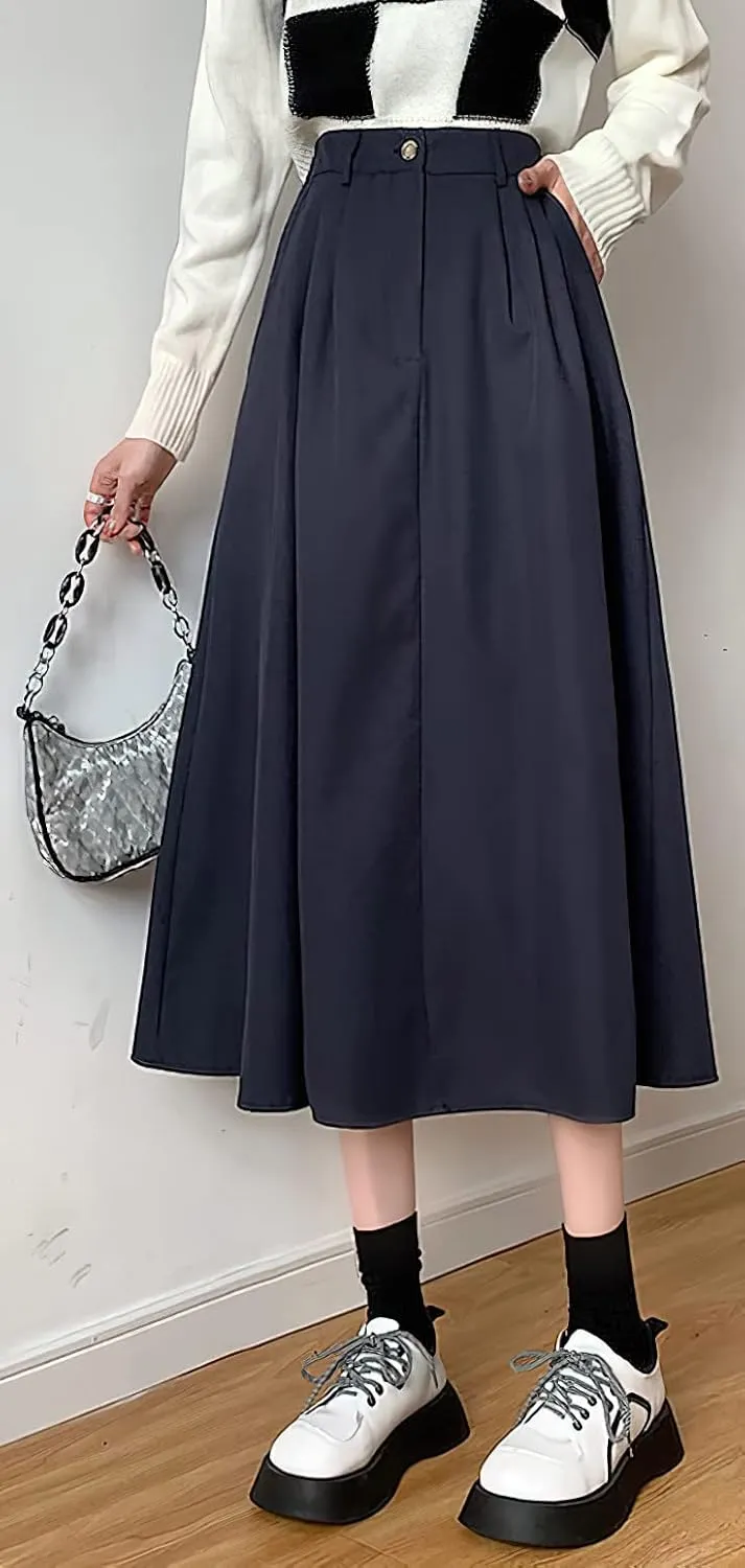 loveimgs Women's Summer Pleated Elastic High Waist Midi Skirt Vintage Flowy Zipper Long A Line Skirt with Pockets