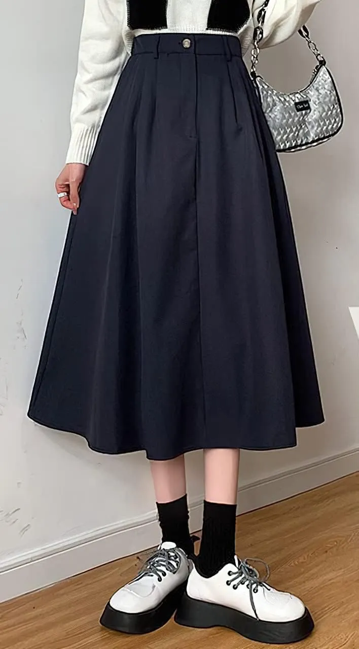 loveimgs Women's Summer Pleated Elastic High Waist Midi Skirt Vintage Flowy Zipper Long A Line Skirt with Pockets
