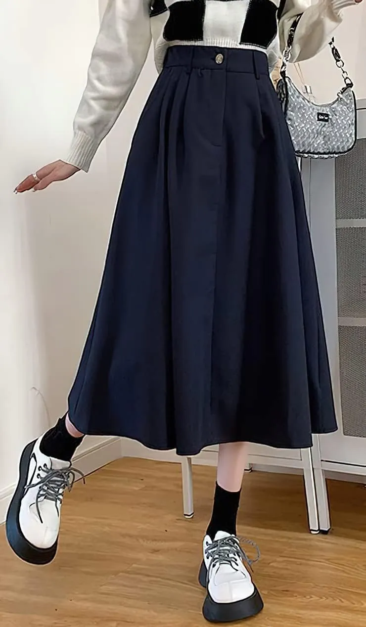 loveimgs Women's Summer Pleated Elastic High Waist Midi Skirt Vintage Flowy Zipper Long A Line Skirt with Pockets