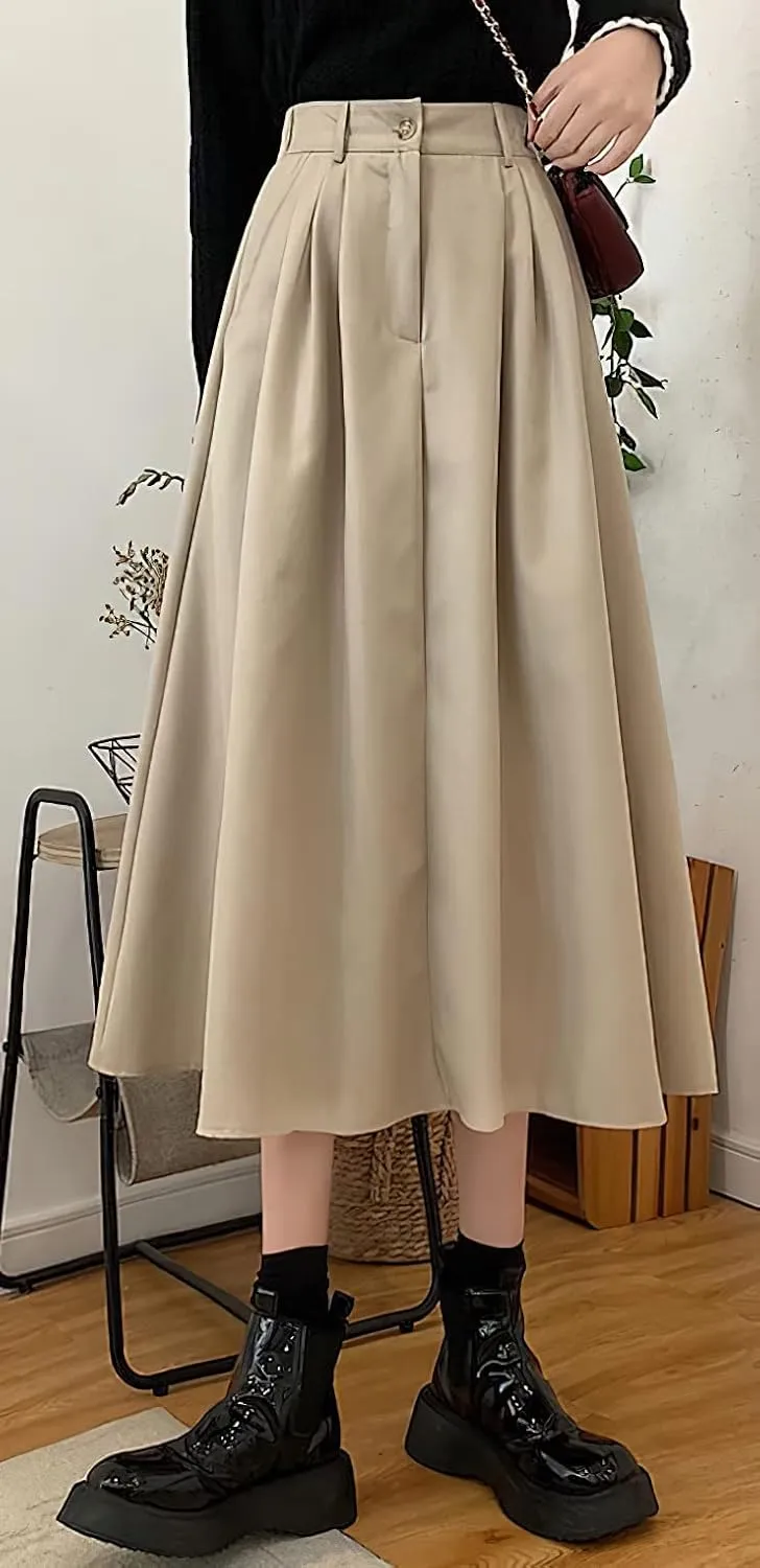 loveimgs Women's Summer Pleated Elastic High Waist Midi Skirt Vintage Flowy Zipper Long A Line Skirt with Pockets