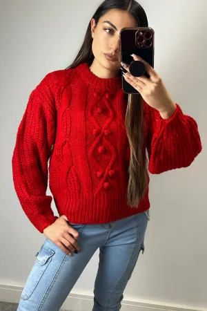 Mabel Red Cable Knit Bobble Detail Jumper