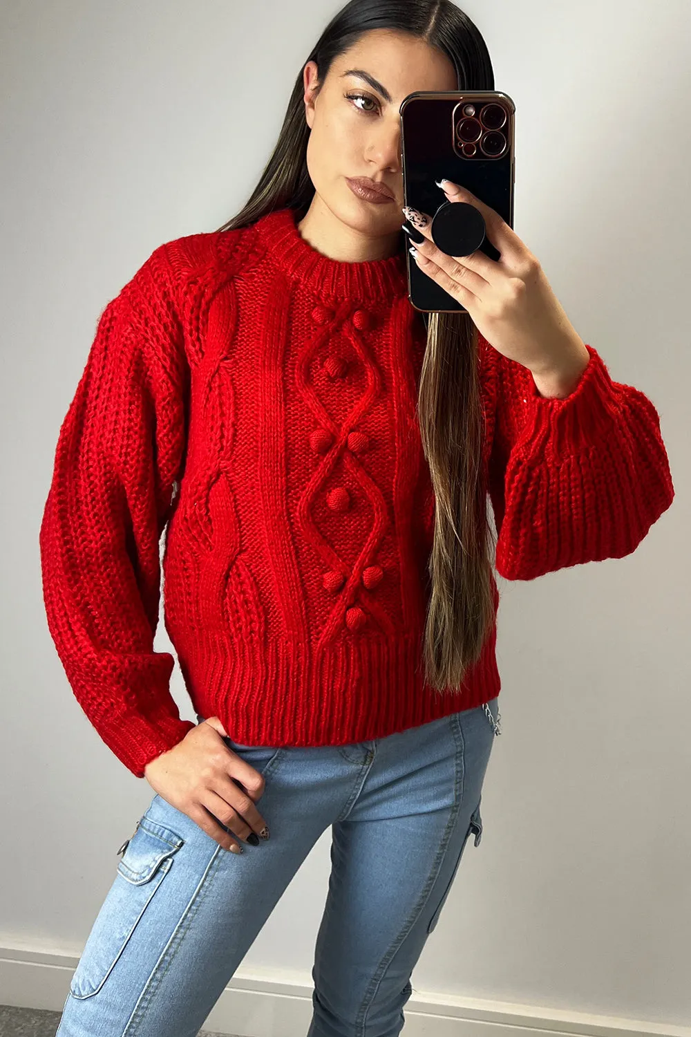 Mabel Red Cable Knit Bobble Detail Jumper
