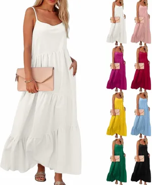 Maxi Sundresses for Women Summer Boho Beach Loose Spaghetti Strap Smocked Tiered A Line Dress Resort Long Flowy Dresses
