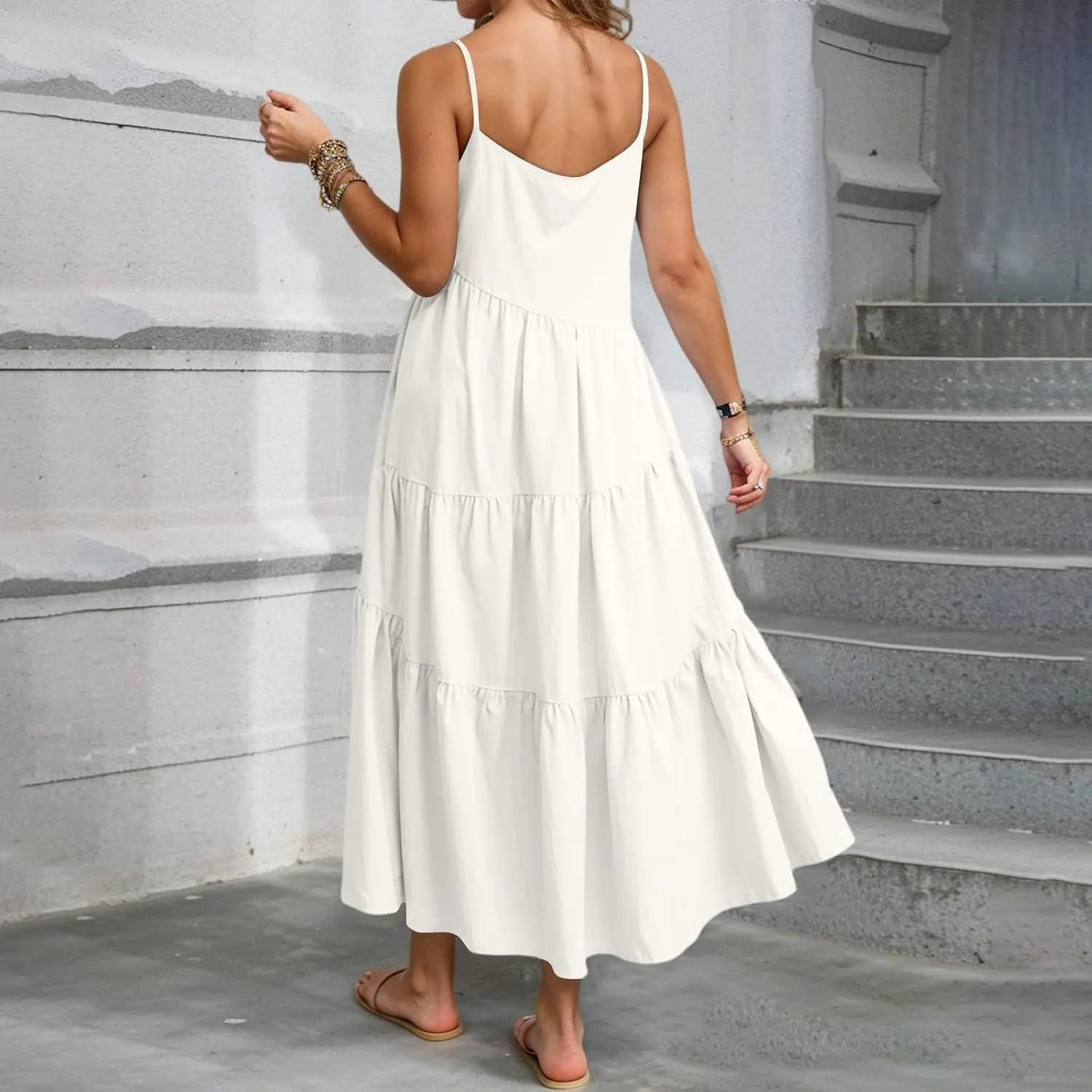 Maxi Sundresses for Women Summer Boho Beach Loose Spaghetti Strap Smocked Tiered A Line Dress Resort Long Flowy Dresses