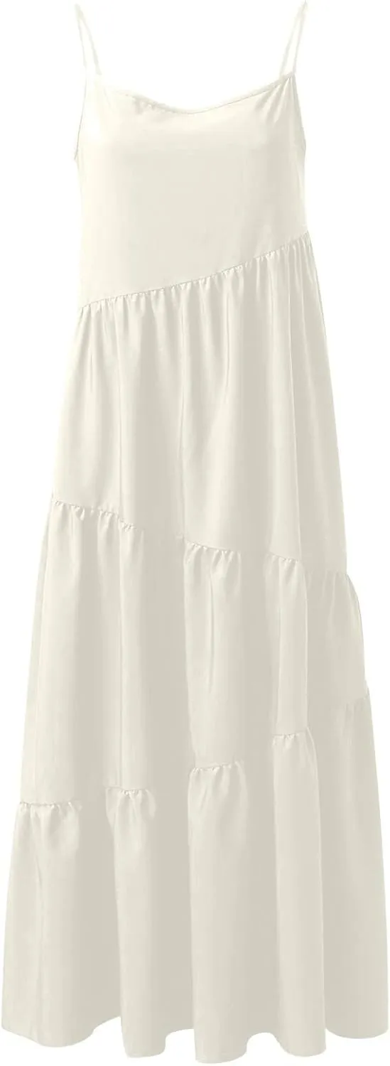 Maxi Sundresses for Women Summer Boho Beach Loose Spaghetti Strap Smocked Tiered A Line Dress Resort Long Flowy Dresses