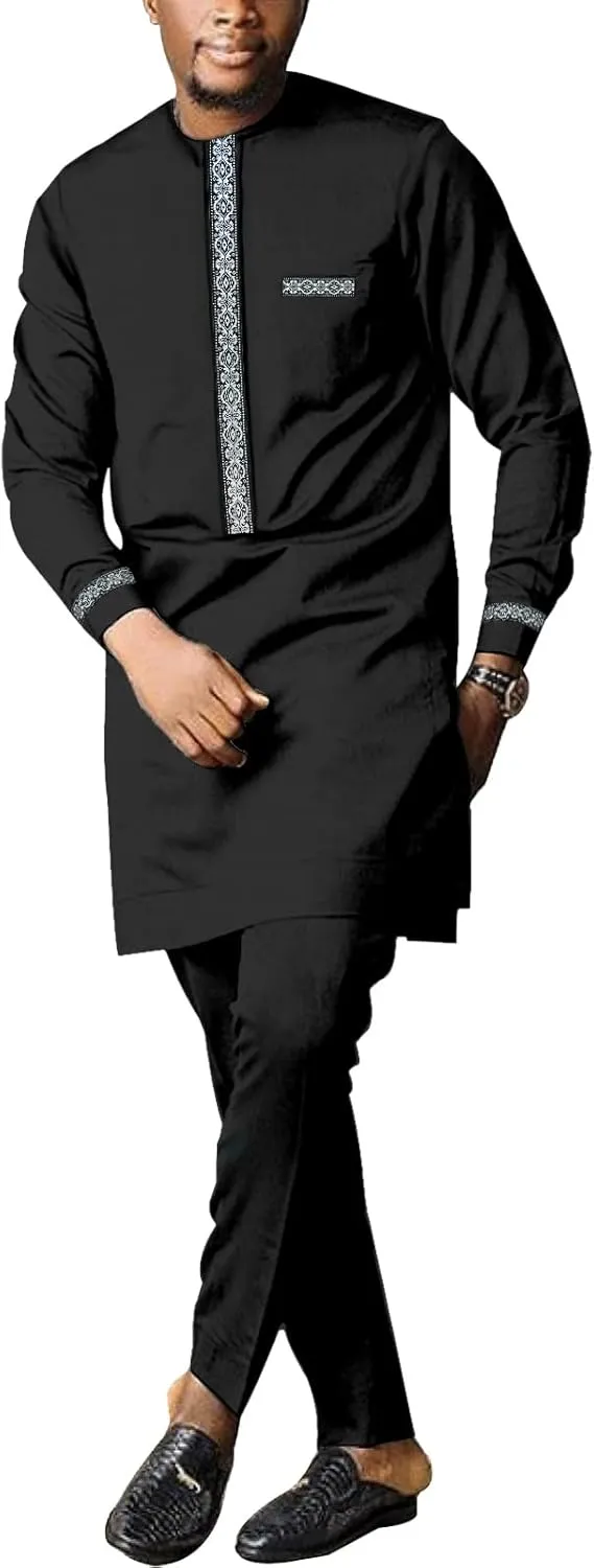 Men's African Dashiki Formal Suit Long Sleeve Shirt and Pant Two Piece Set Traditional Tribal Outfits