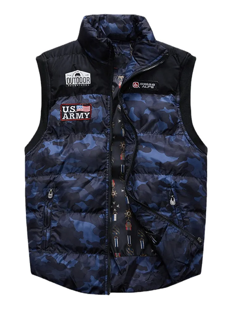 Men's Camo Zipper Front Winter Thick Stand Collar Casual Warm Vest