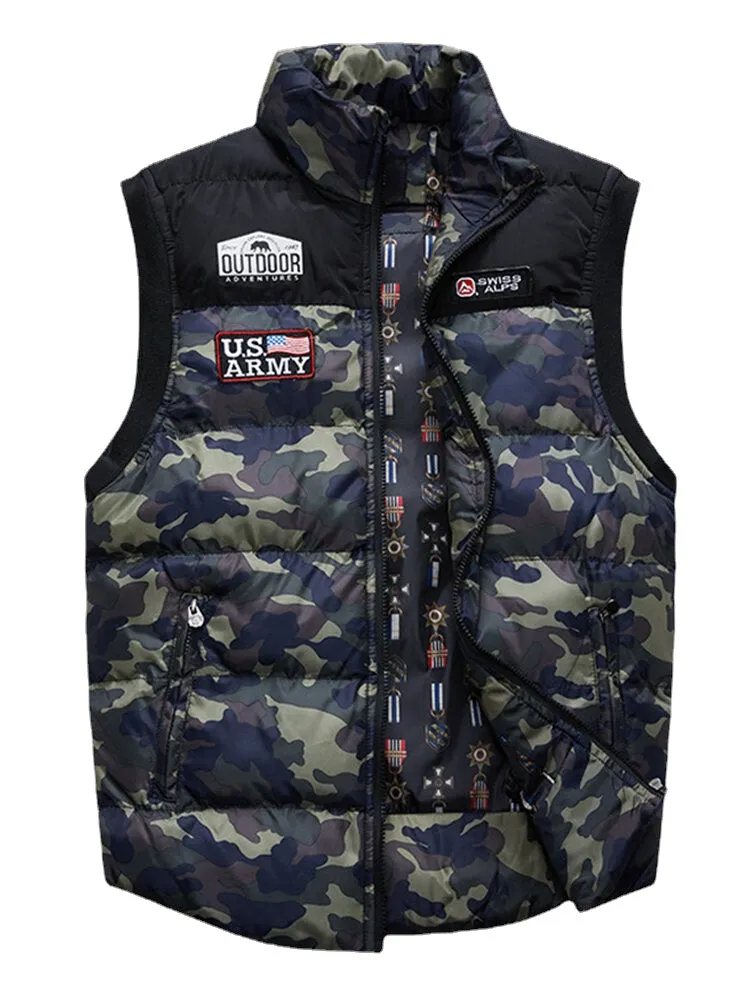 Men's Camo Zipper Front Winter Thick Stand Collar Casual Warm Vest