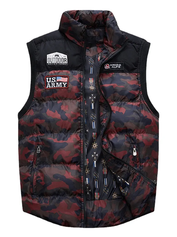 Men's Camo Zipper Front Winter Thick Stand Collar Casual Warm Vest
