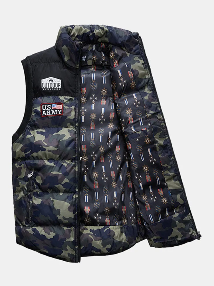 Men's Camo Zipper Front Winter Thick Stand Collar Casual Warm Vest