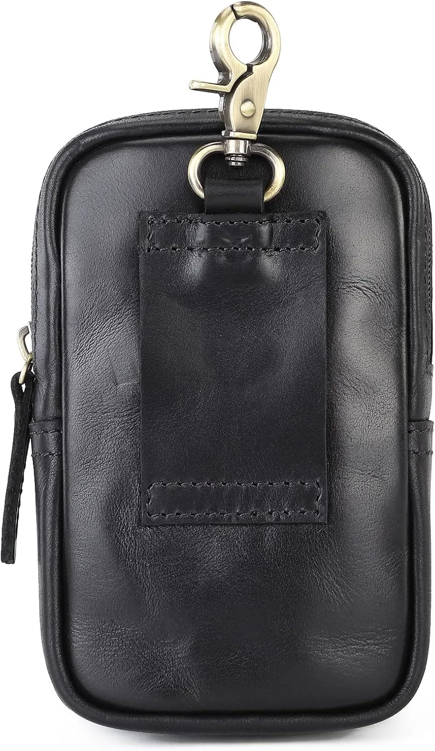 Mens Genuine Leather Belt Bag, Travel Passport Wallet Cell Phone Shoulder Holster Small Messenger Bag Waist Pack