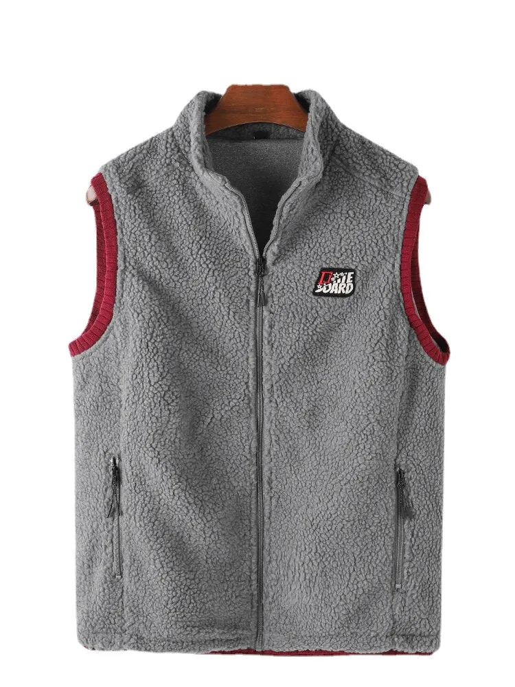Men's Velvet Stand Collar Sleeveless Vest with Zipper Front and Pocket