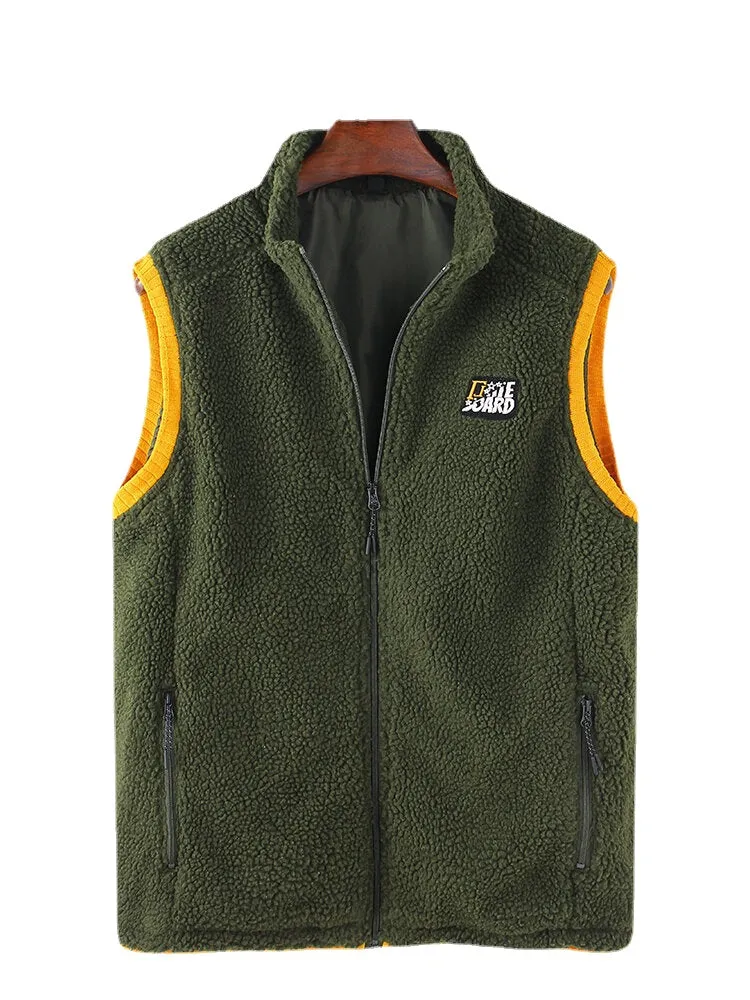 Men's Velvet Stand Collar Sleeveless Vest with Zipper Front and Pocket