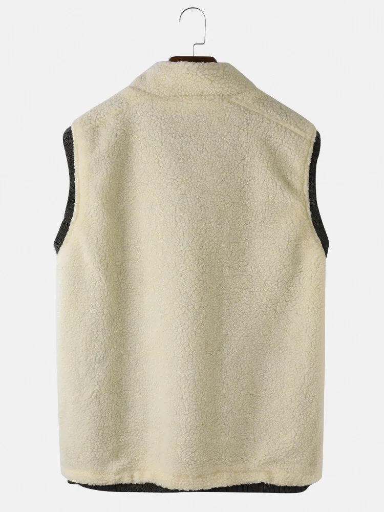 Men's Velvet Stand Collar Sleeveless Vest with Zipper Front and Pocket