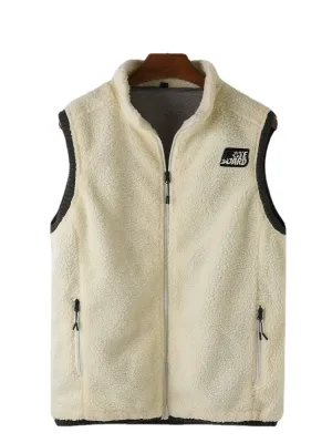 Men's Velvet Stand Collar Sleeveless Vest with Zipper Front and Pocket