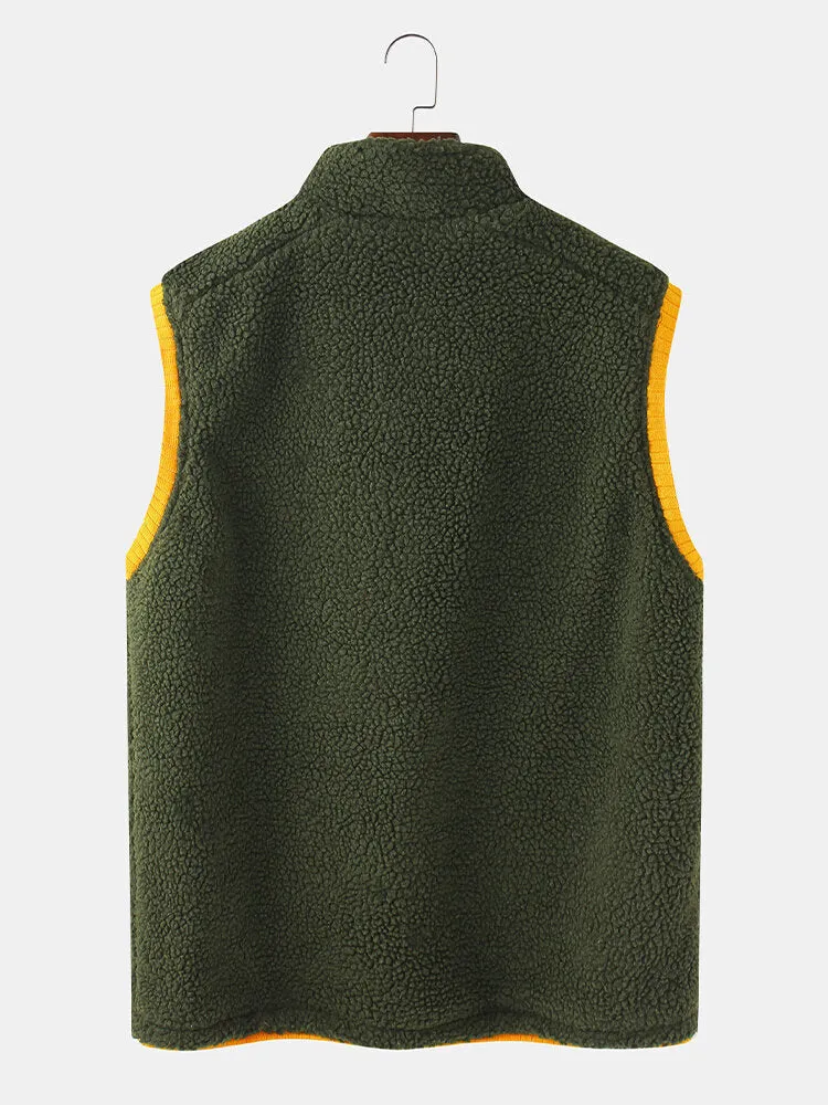 Men's Velvet Stand Collar Sleeveless Vest with Zipper Front and Pocket