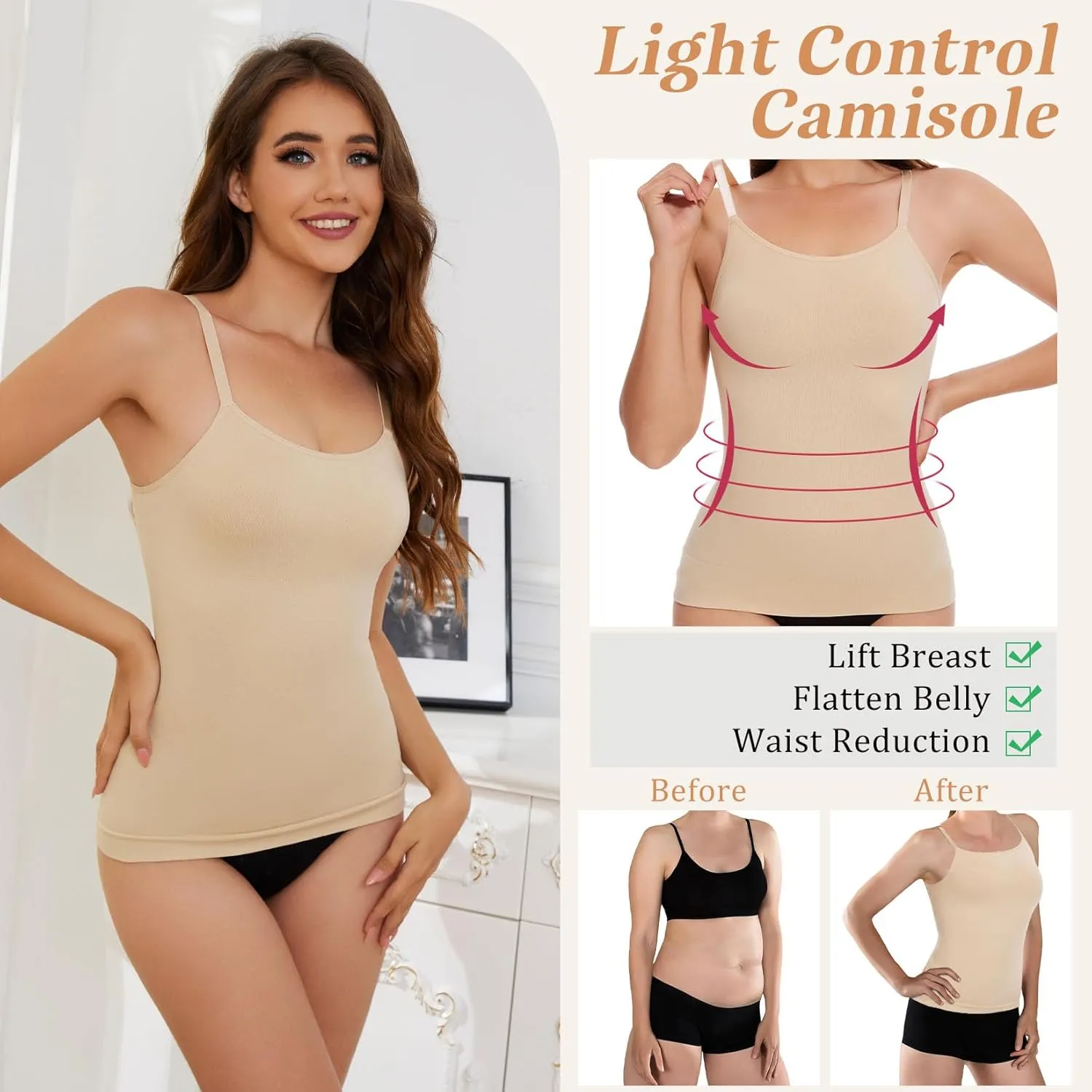 MISS MOLY Women's Camisole Top Shapewear Tummy Control Seamless Body Shaper Tank with Adjustable Spaghetti Straps