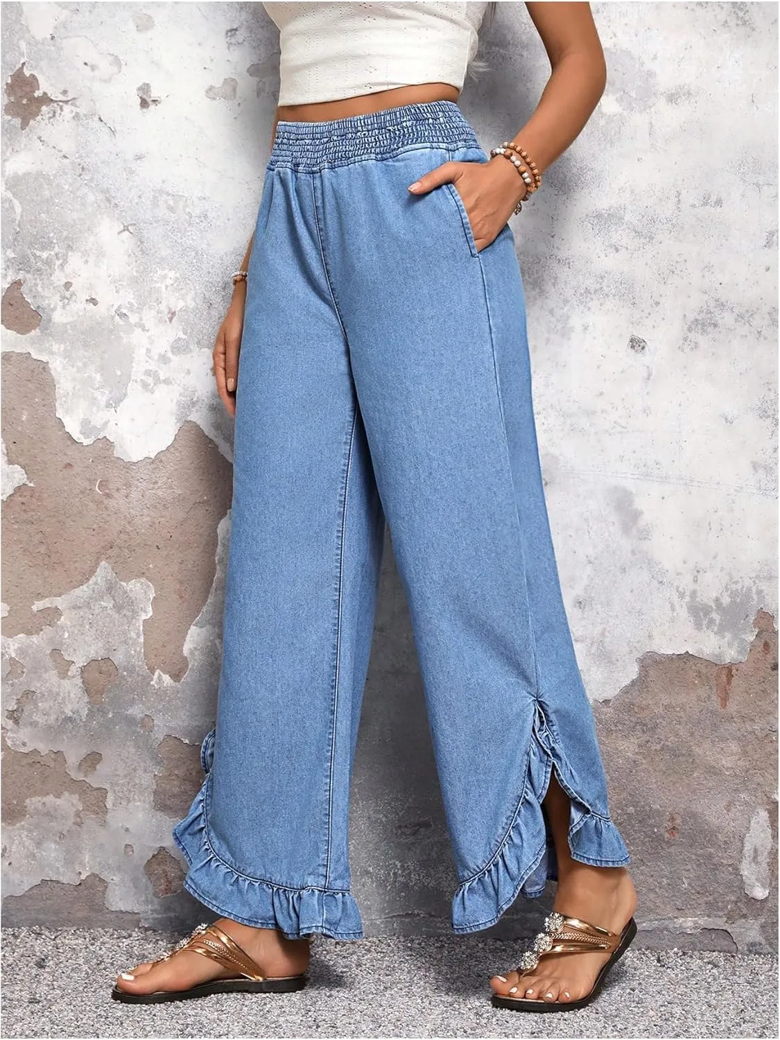 OYOANGLE Women's Elastic Waist Ruffle Wide Leg Jeans Casual Denim Pants with Pocket