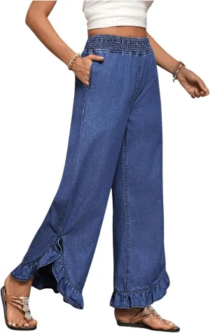 OYOANGLE Women's Elastic Waist Ruffle Wide Leg Jeans Casual Denim Pants with Pocket