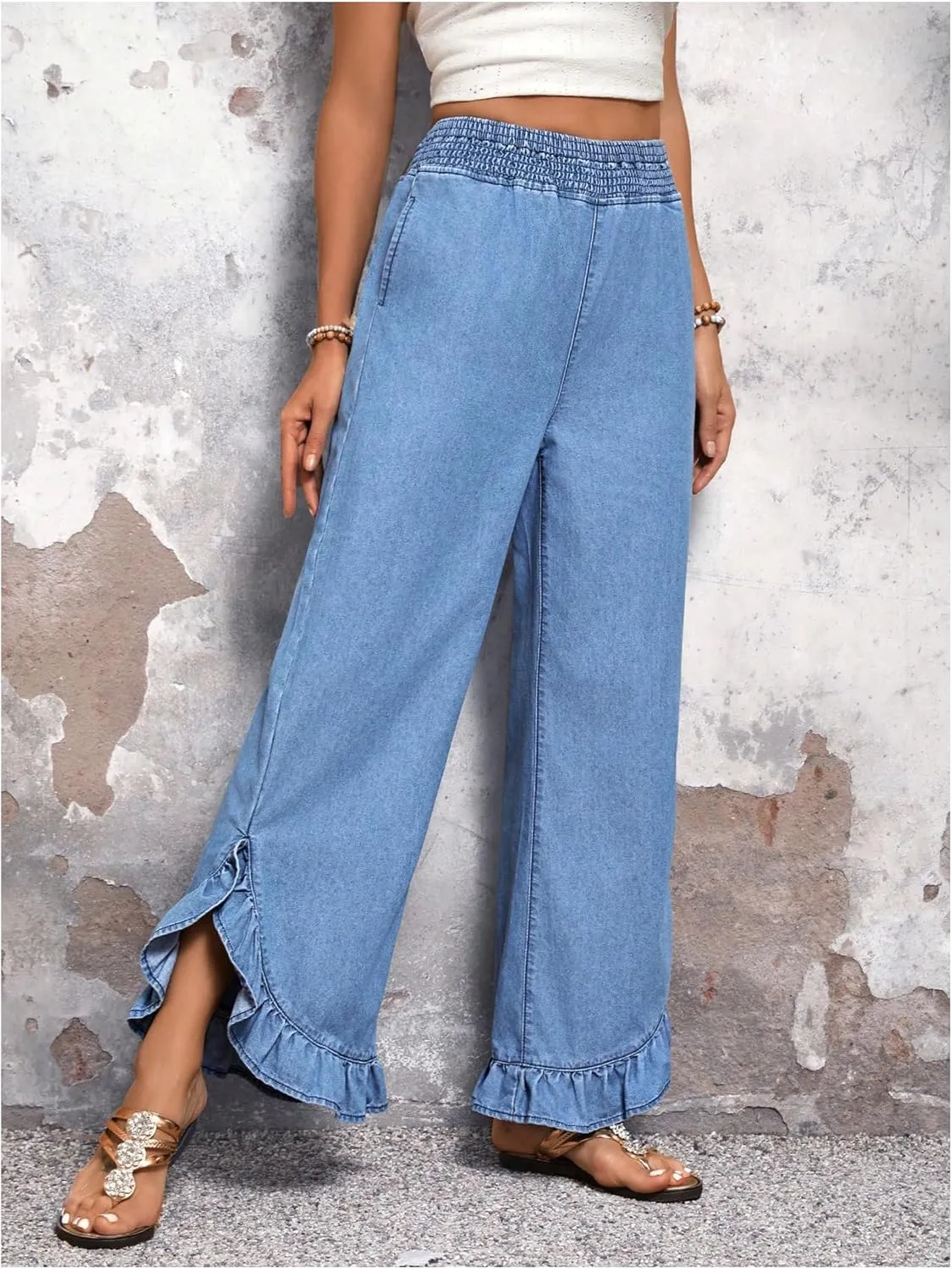 OYOANGLE Women's Elastic Waist Ruffle Wide Leg Jeans Casual Denim Pants with Pocket