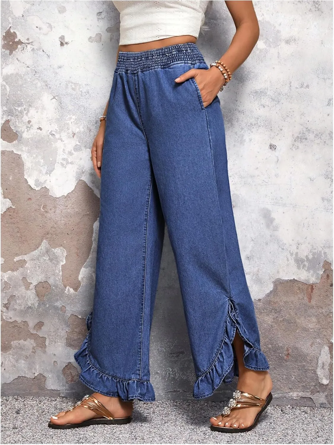 OYOANGLE Women's Elastic Waist Ruffle Wide Leg Jeans Casual Denim Pants with Pocket