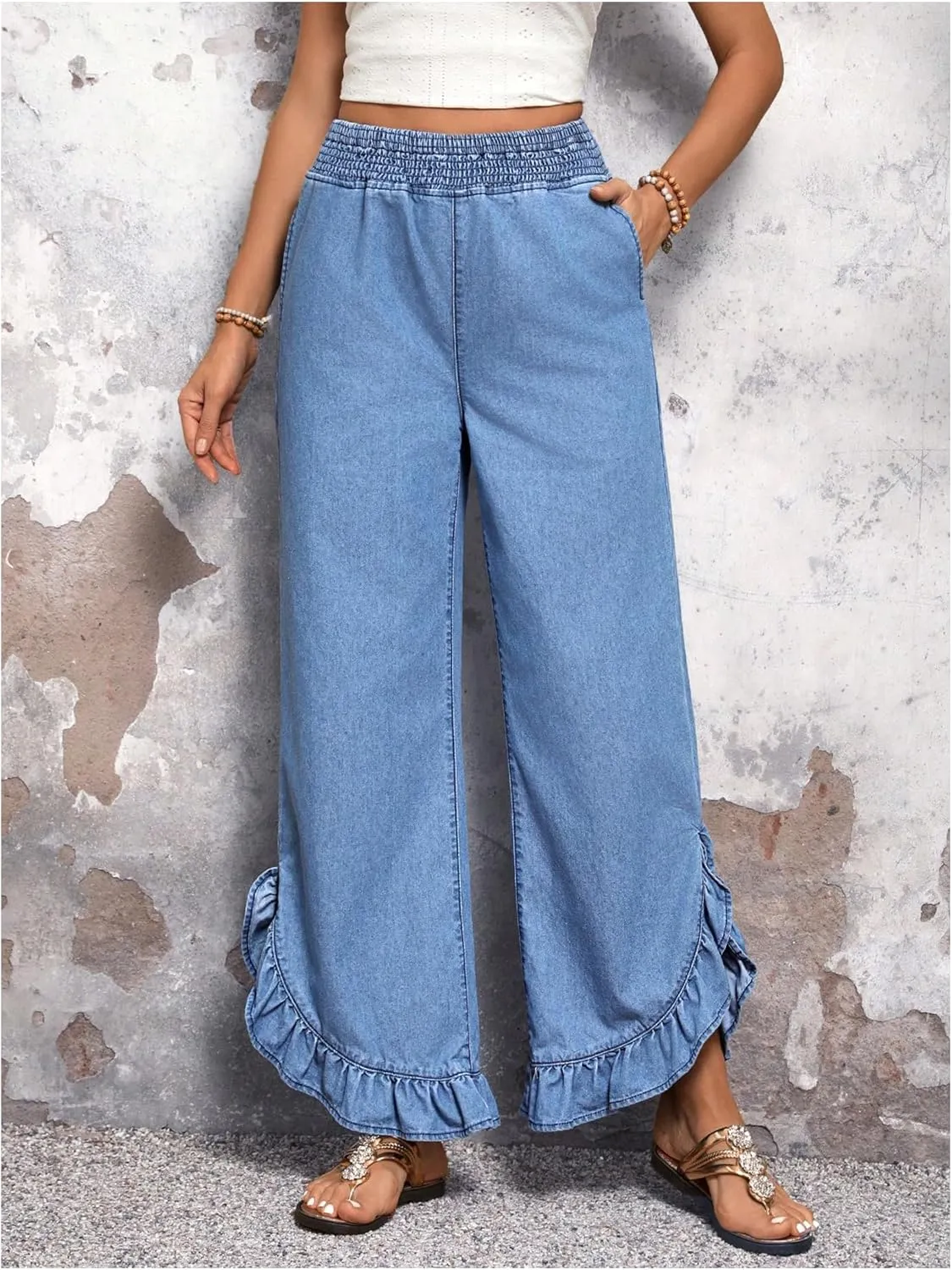 OYOANGLE Women's Elastic Waist Ruffle Wide Leg Jeans Casual Denim Pants with Pocket