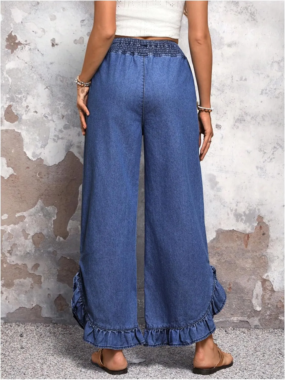OYOANGLE Women's Elastic Waist Ruffle Wide Leg Jeans Casual Denim Pants with Pocket
