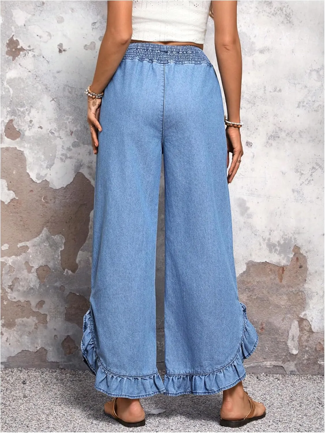 OYOANGLE Women's Elastic Waist Ruffle Wide Leg Jeans Casual Denim Pants with Pocket