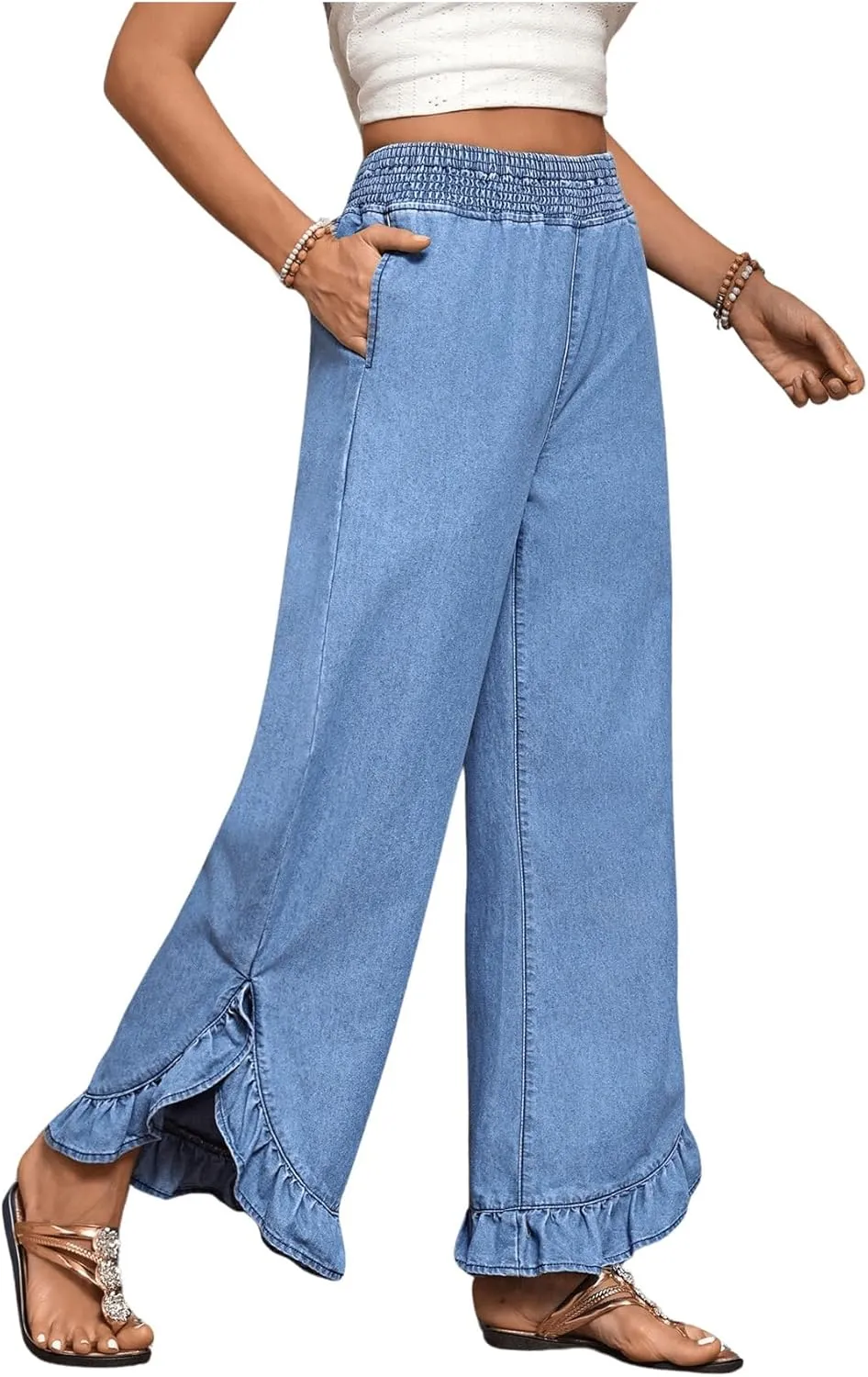 OYOANGLE Women's Elastic Waist Ruffle Wide Leg Jeans Casual Denim Pants with Pocket