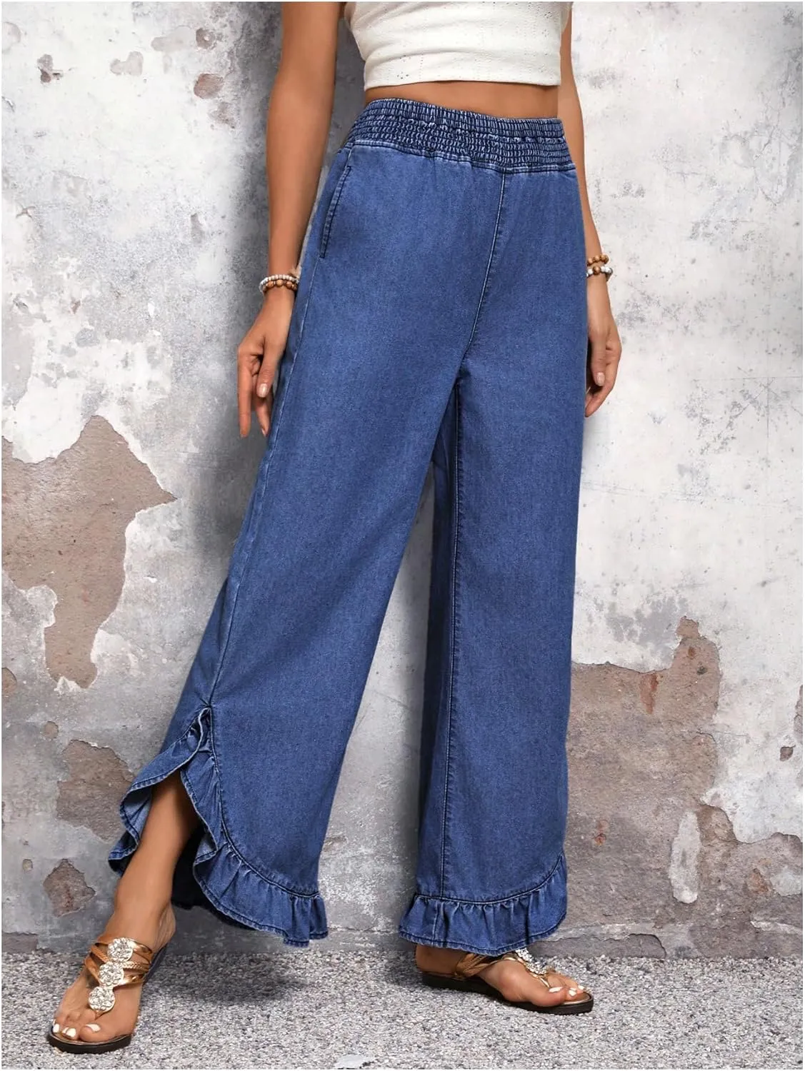 OYOANGLE Women's Elastic Waist Ruffle Wide Leg Jeans Casual Denim Pants with Pocket