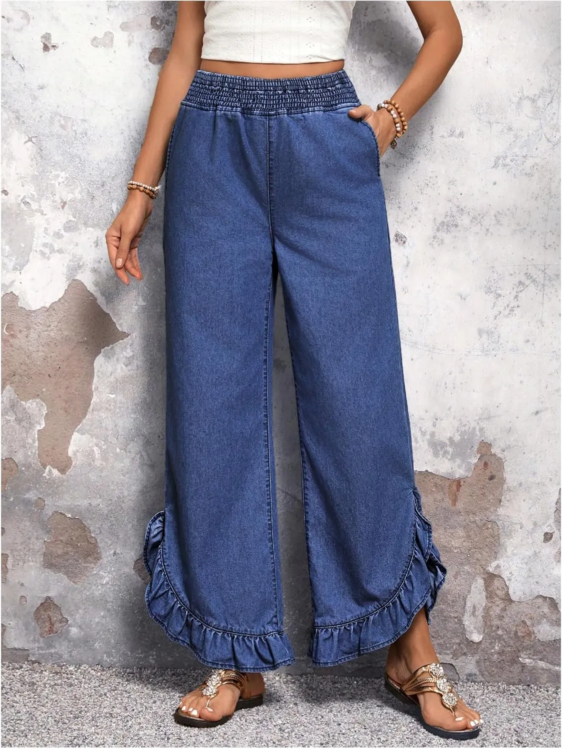 OYOANGLE Women's Elastic Waist Ruffle Wide Leg Jeans Casual Denim Pants with Pocket