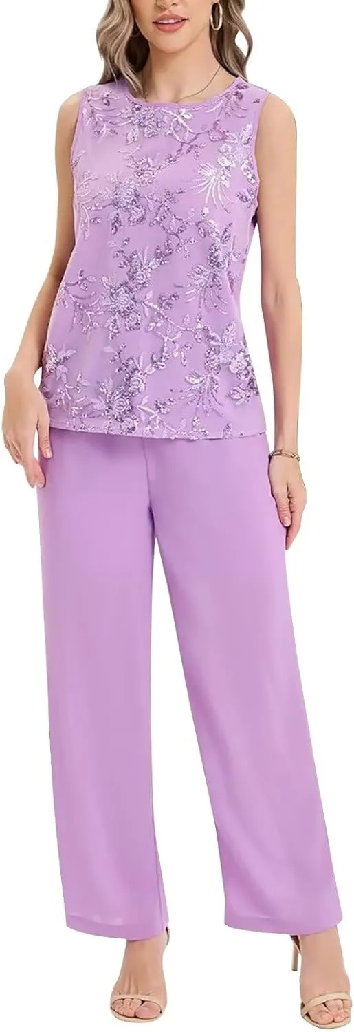 Plus Size 3 Piece Mother of Bride Pant Suits Chiffon Formal Pantsuit Wedding Guest Outfit
