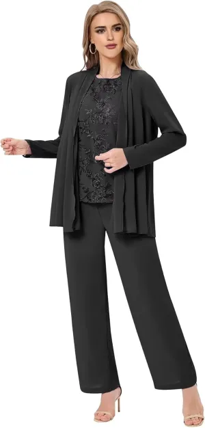 Plus Size 3 Piece Mother of Bride Pant Suits Chiffon Formal Pantsuit Wedding Guest Outfit