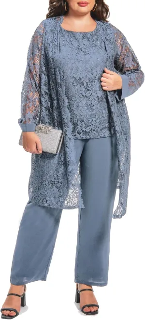 Plus Size Elegant Mother of The Bride Pant Suits Chiffon Pant with Women's Tank Top and Sequin Lace Jacket Evening Gown