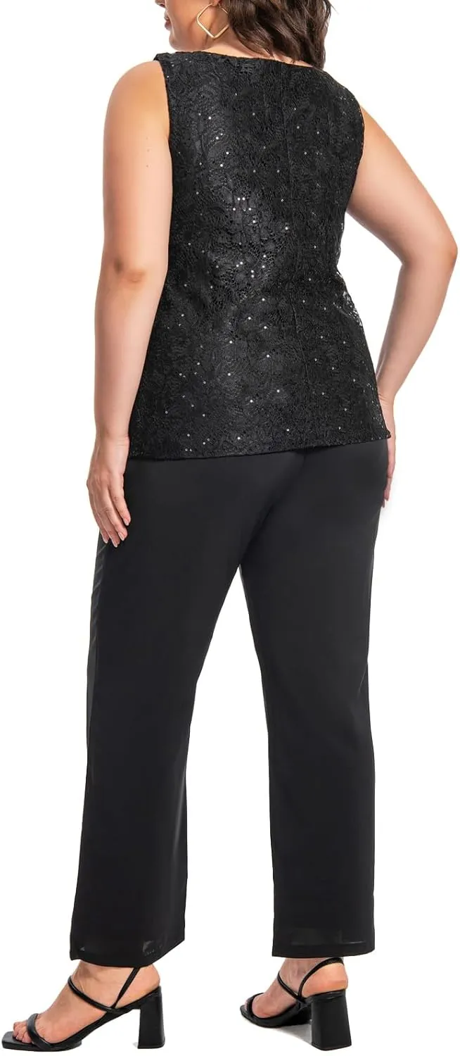 Plus Size Elegant Mother of The Bride Pant Suits Chiffon Pant with Women's Tank Top and Sequin Lace Jacket Evening Gown