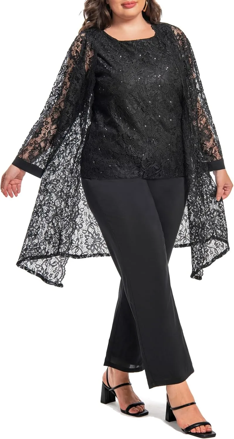 Plus Size Elegant Mother of The Bride Pant Suits Chiffon Pant with Women's Tank Top and Sequin Lace Jacket Evening Gown