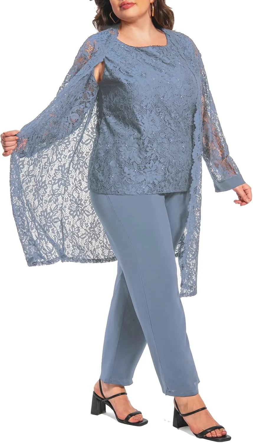 Plus Size Elegant Mother of The Bride Pant Suits Chiffon Pant with Women's Tank Top and Sequin Lace Jacket Evening Gown