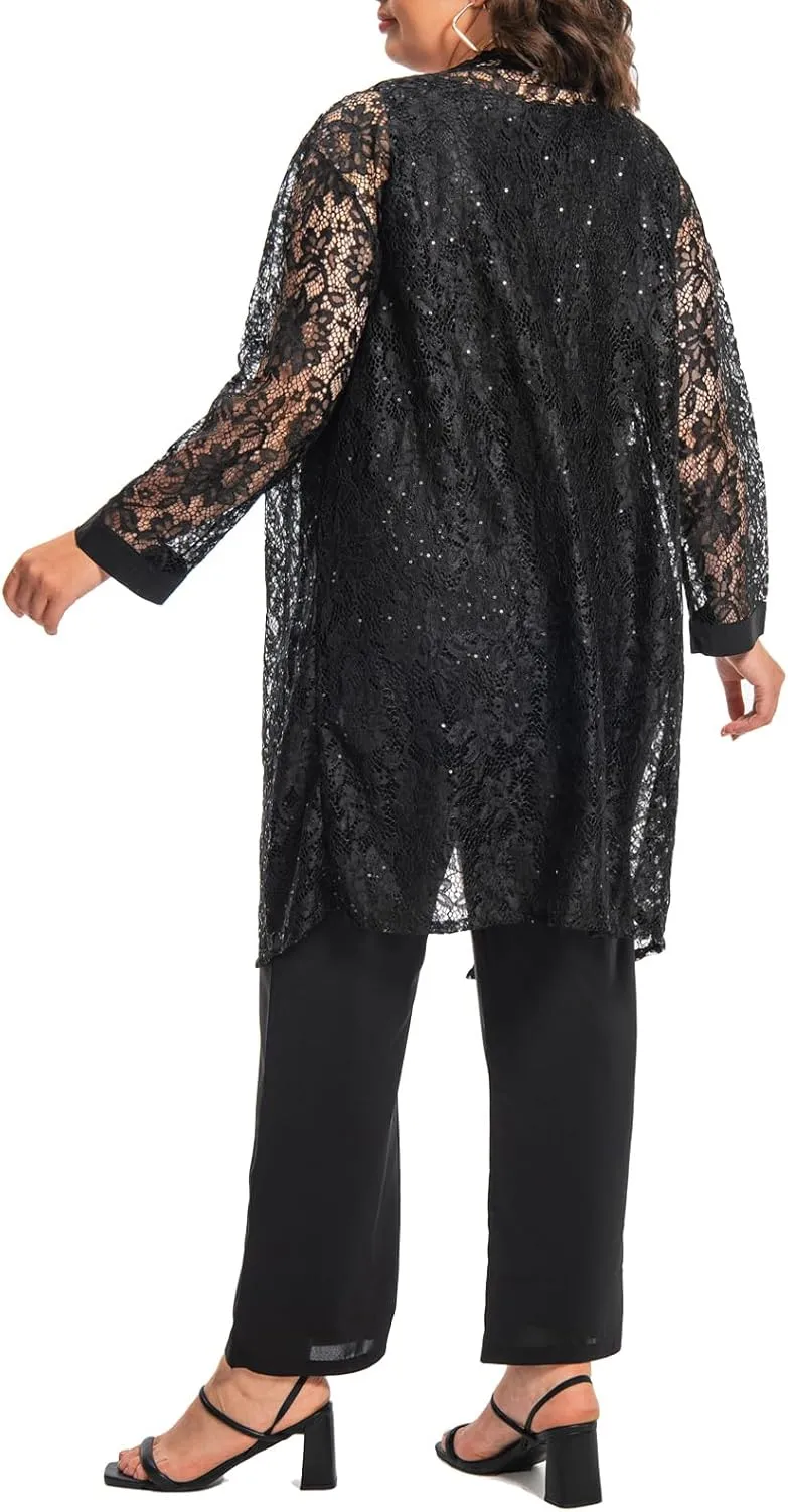 Plus Size Elegant Mother of The Bride Pant Suits Chiffon Pant with Women's Tank Top and Sequin Lace Jacket Evening Gown