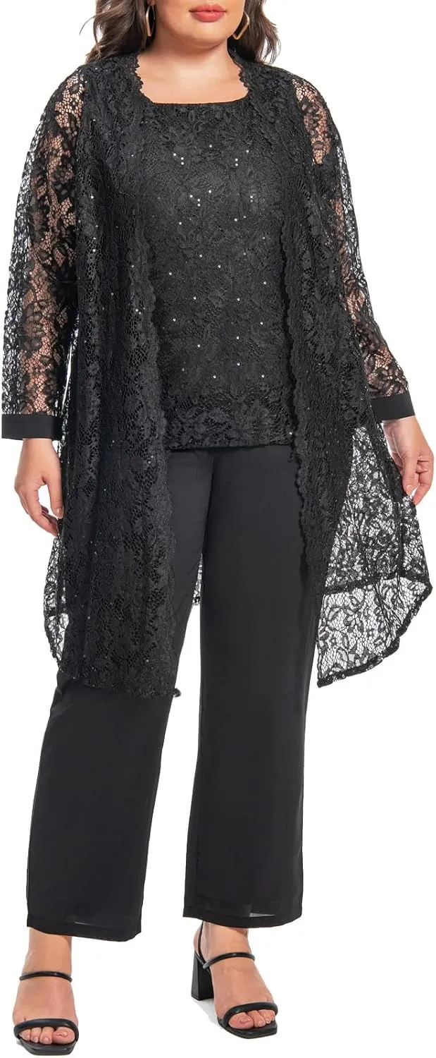 Plus Size Elegant Mother of The Bride Pant Suits Chiffon Pant with Women's Tank Top and Sequin Lace Jacket Evening Gown