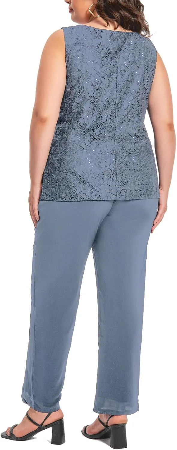 Plus Size Elegant Mother of The Bride Pant Suits Chiffon Pant with Women's Tank Top and Sequin Lace Jacket Evening Gown