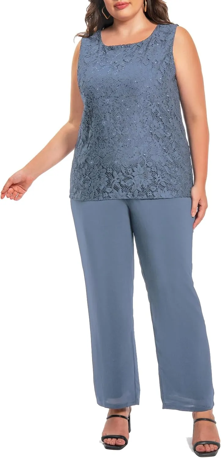 Plus Size Elegant Mother of The Bride Pant Suits Chiffon Pant with Women's Tank Top and Sequin Lace Jacket Evening Gown