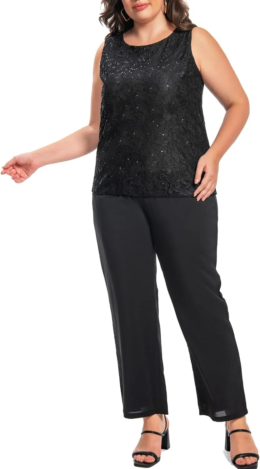 Plus Size Elegant Mother of The Bride Pant Suits Chiffon Pant with Women's Tank Top and Sequin Lace Jacket Evening Gown