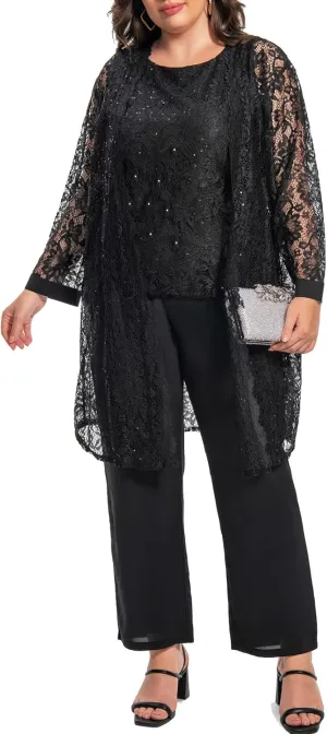 Plus Size Elegant Mother of The Bride Pant Suits Chiffon Pant with Women's Tank Top and Sequin Lace Jacket Evening Gown