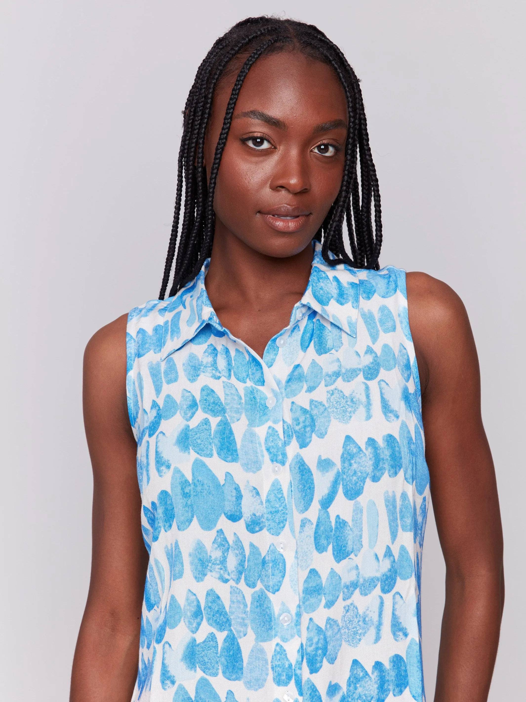 Printed Sleeveless Button-Front Dress - Lagoon