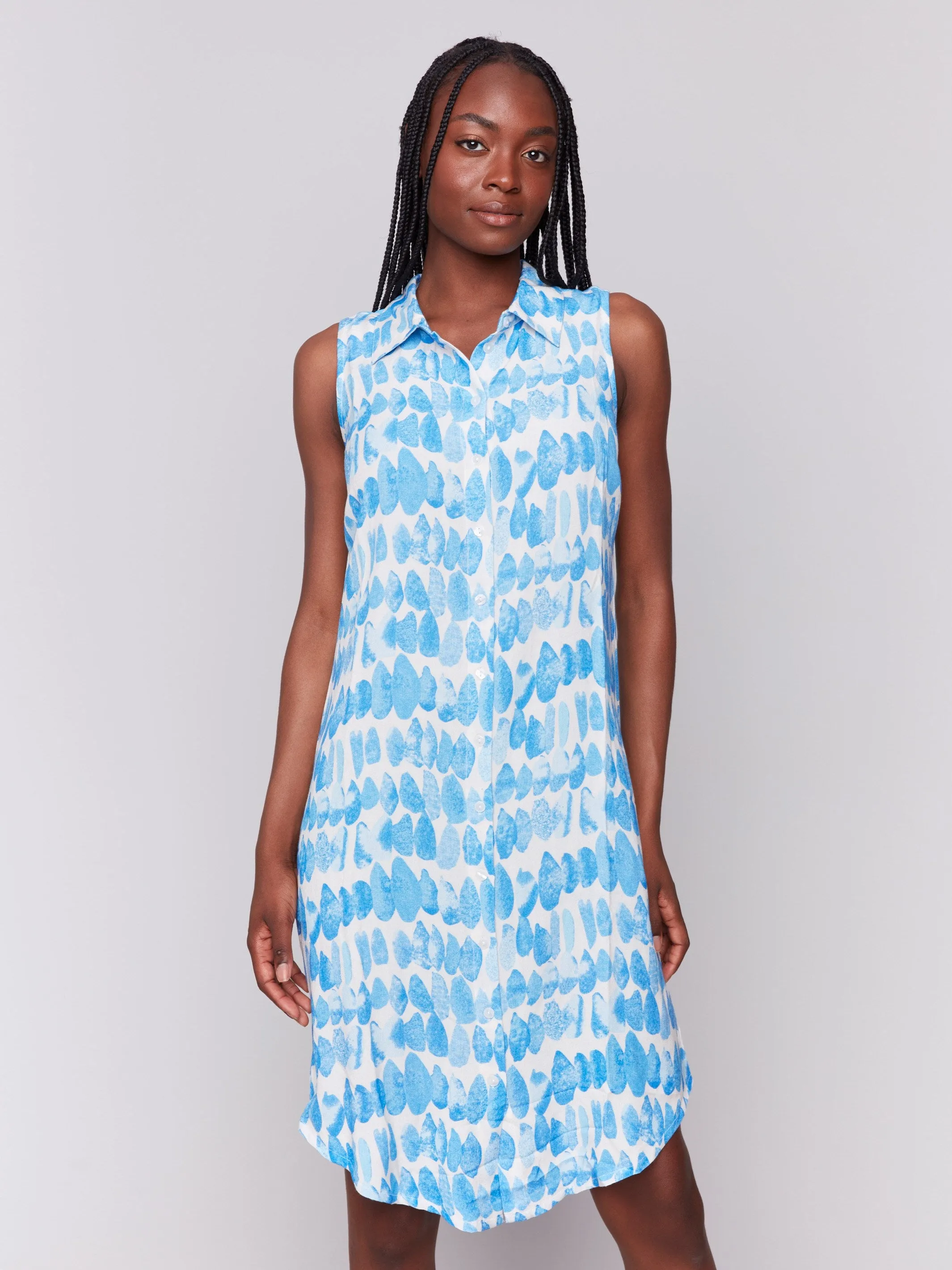 Printed Sleeveless Button-Front Dress - Lagoon